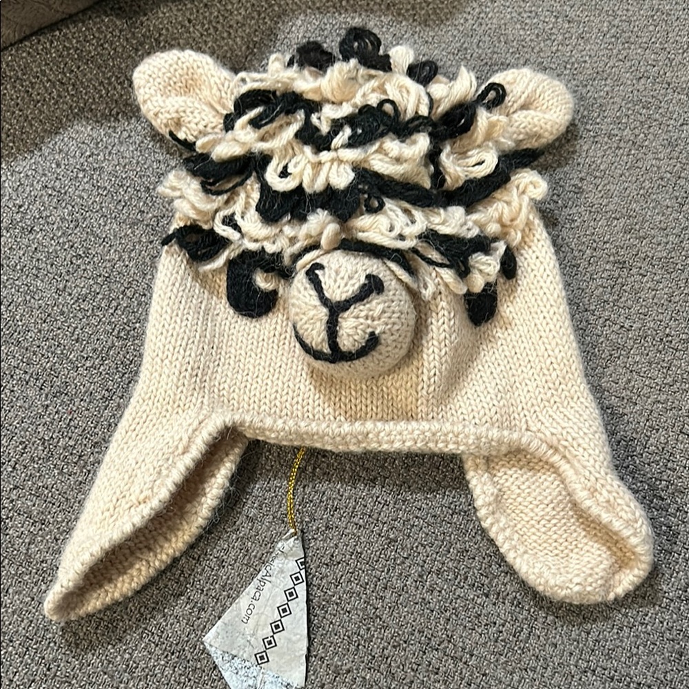 Classic Alpaca Cream and Black Sheep Knit Hat with Earflaps